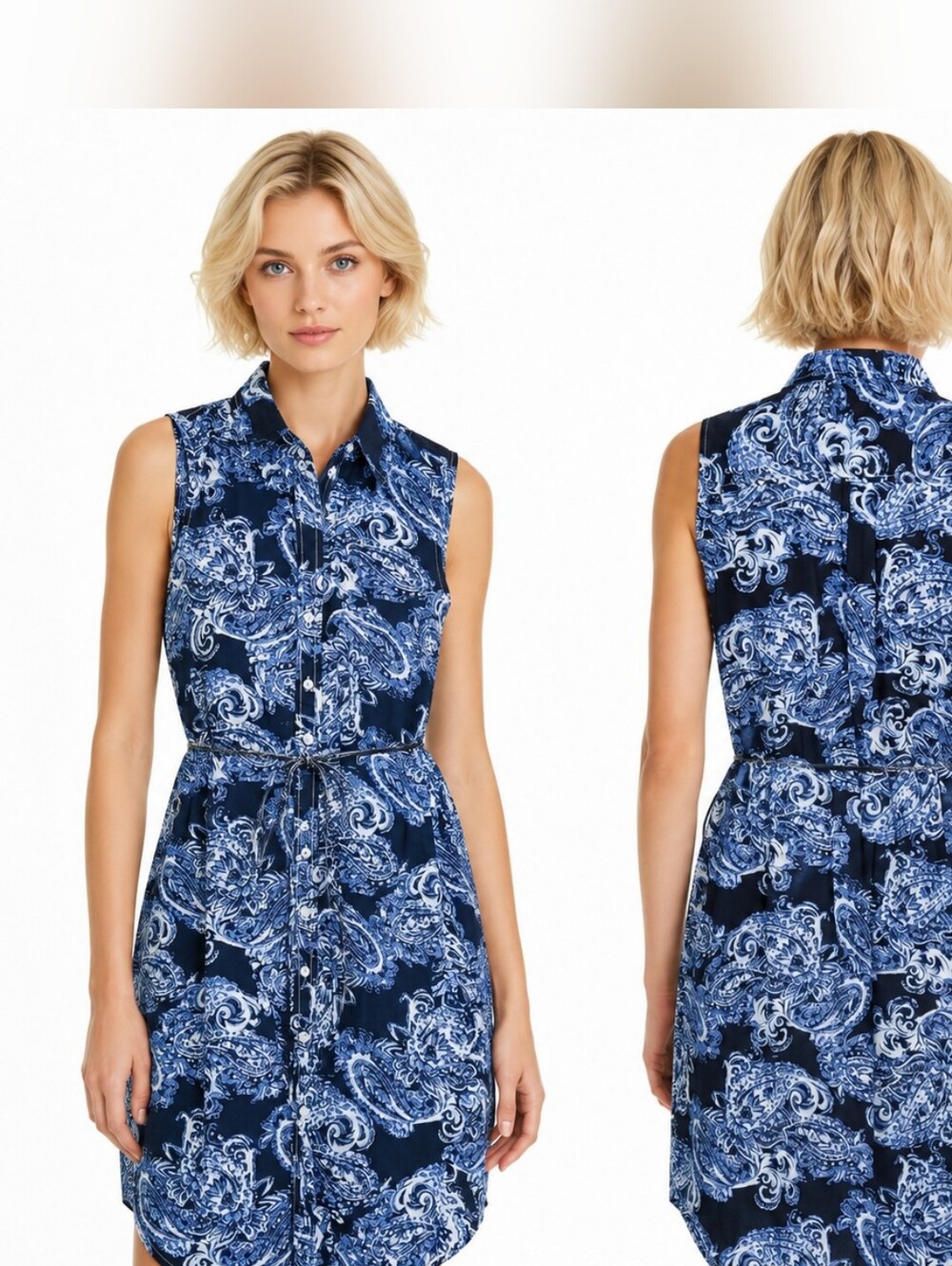 Nwt Cino Blue Paisley Crinkle Cotton Shirt Dress Belted MOP Shell Buttons